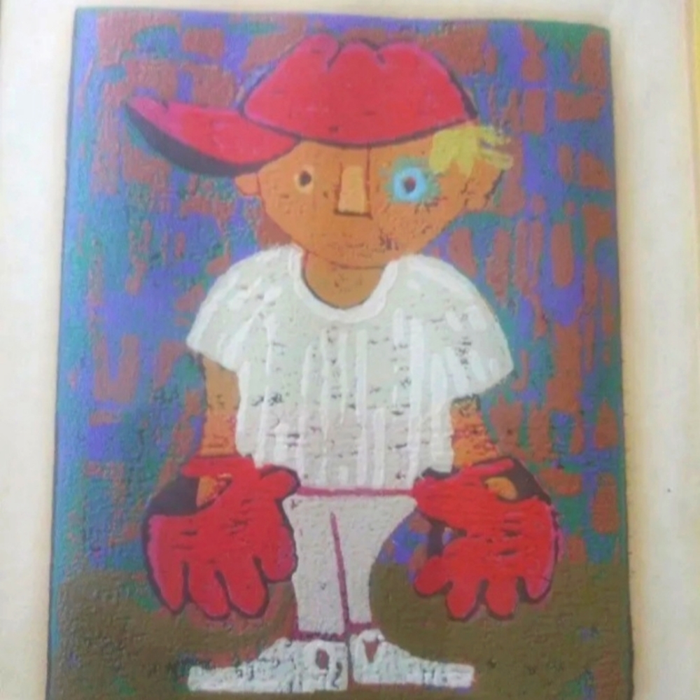Modernist Al Robi  Baseball Boy "Red Two Gloves" Linocut Abstract Artwork